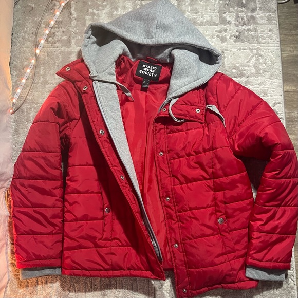 Red and Grey Winter Puffer Jacket with built in sweater hood - Picture 3 of 4
